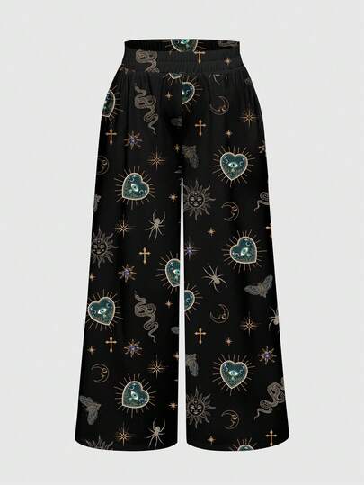 Plus Size Gothic Heart, Sun, Moon, Star, Cross, Teardrop, Eye Gemstone Allover Print Loose Wide Leg Pants