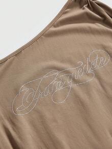 ROMWE J-Fashion Y2K Sexy Babe Asymmetric Shoulder Rhinestone Letter Single Ruffle Sleeve Asymmetrical Bodycon Dress - Brown - View 3