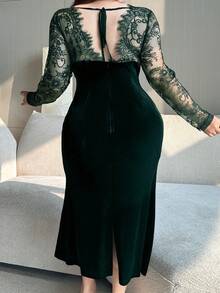 Dazy Plus Plus Size Women's Velvet Contrast Lace Bodycon Party Dress, Sexy & Stretchy For Dates Elegant Women Dresses Prom Dress - Dark Green - View 2