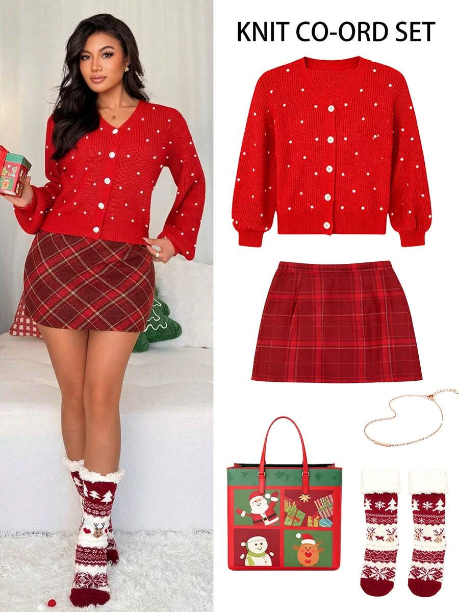 Chiquease Cardigan en tricot à col V unicolore pour femmes Islaluna, manches longues, élégant et décontracté, orné de perles et de boutons personnalisés, avec des détails artisanaux, convient pour le travail, les vacances, les événements décontractés et les fêtes