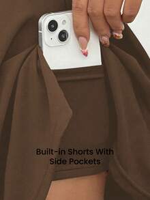 Eassivo Eassivo 高腰纯色口袋休闲舒适透气健身运动迷你裙 - 咖啡棕 - 查看 6