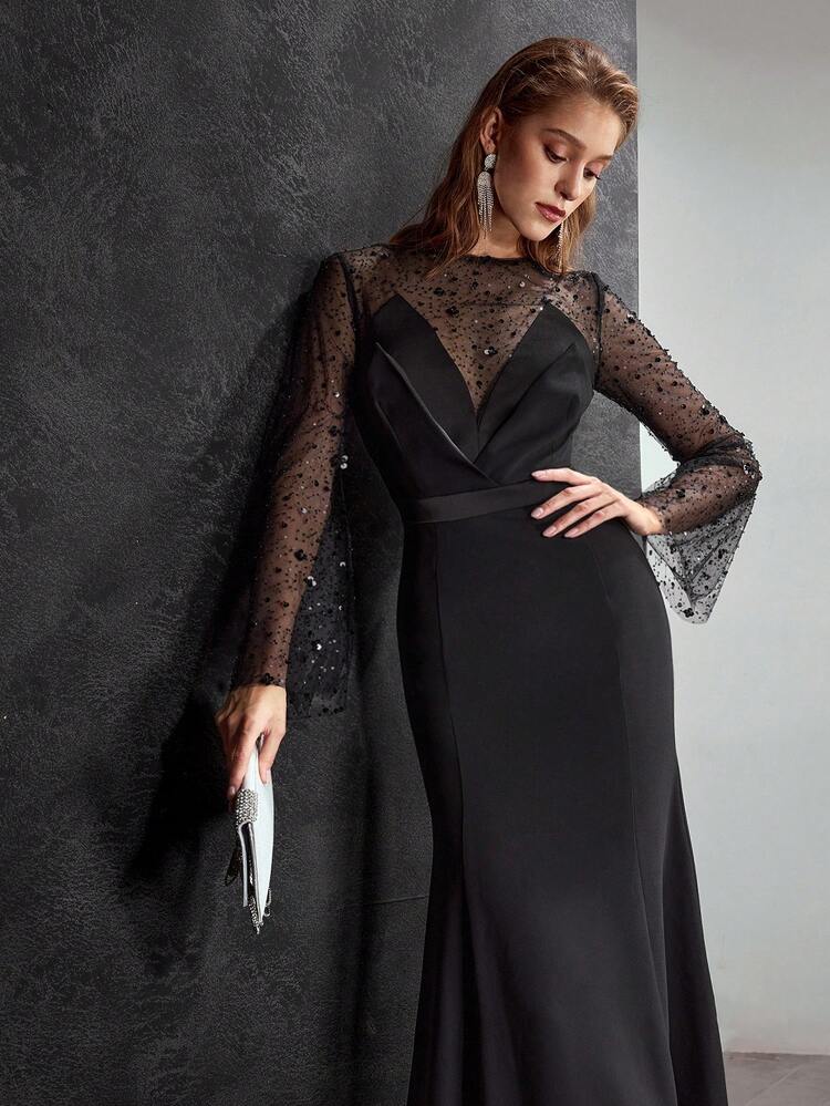 MOTF Soiréza VESTIDO DE FIESTA CÓCTEL PARA MUJER CON BAJO DE COLA DE PEZ Y CONTRASTE DE MALLA NEGRA