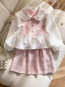 Young Girl Sweet Cute White Lace Puff Sleeve Top Paired With Plaid Mini Skirt, Casual Minimalist Pink Set - Pink - View 1