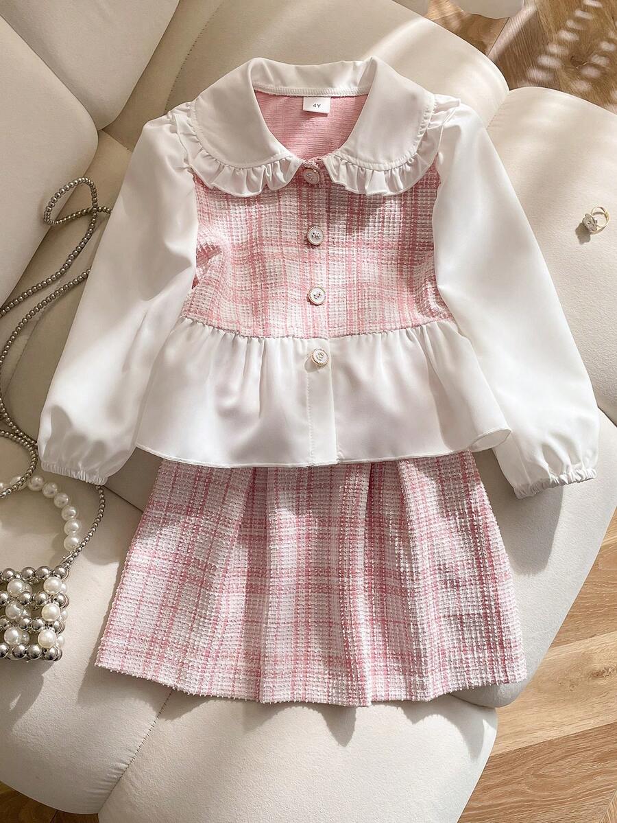 Young Girl Sweet Cute White Lace Puff Sleeve Top Paired With Plaid Mini Skirt, Casual Minimalist Pink Set - Pink - View 1