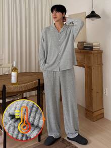 DAZY Men's Autumn Casual Elastic Waist Shirt And Pants Pajama Set - Grey - View 1