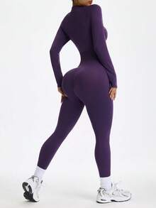 Dewbera Women's Solid Color Raglan Sleeve Zipper Half Placket Sports Jumpsuit - Purple - View 2