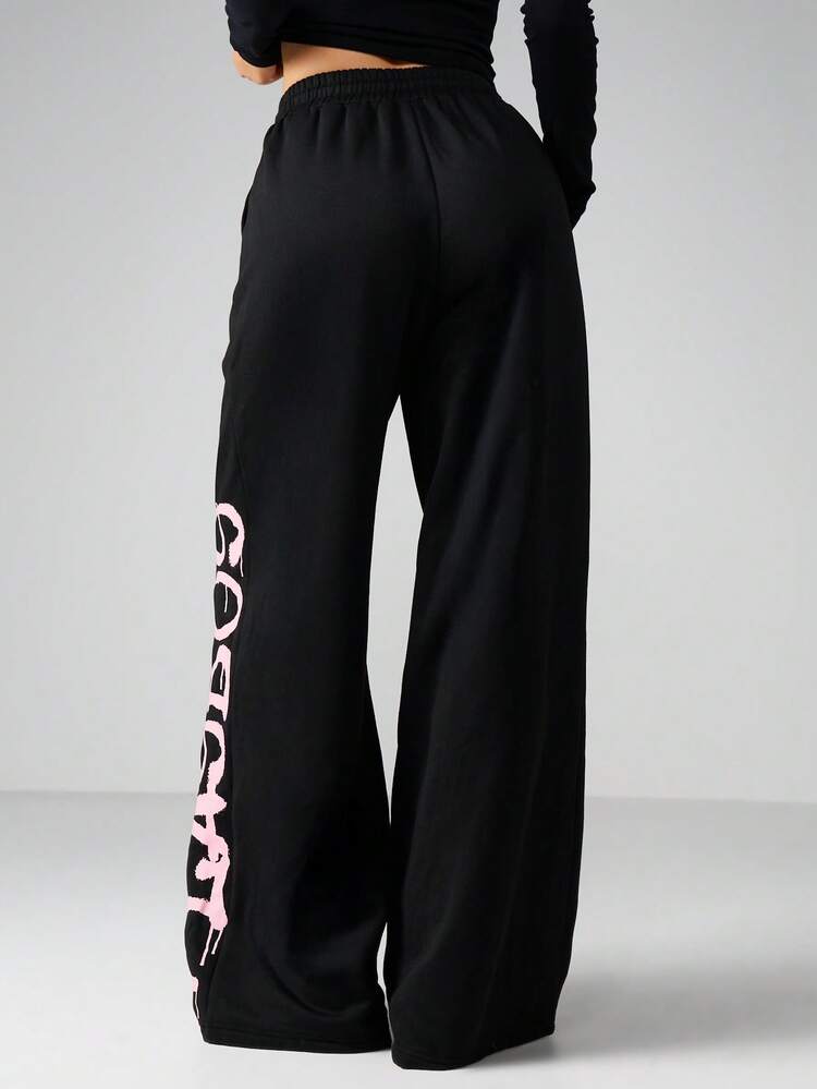 Missguided x Playboy Wide Leg Joggers With Pink Logo Print And Drawstring Waist For Casual Everyday Comfort