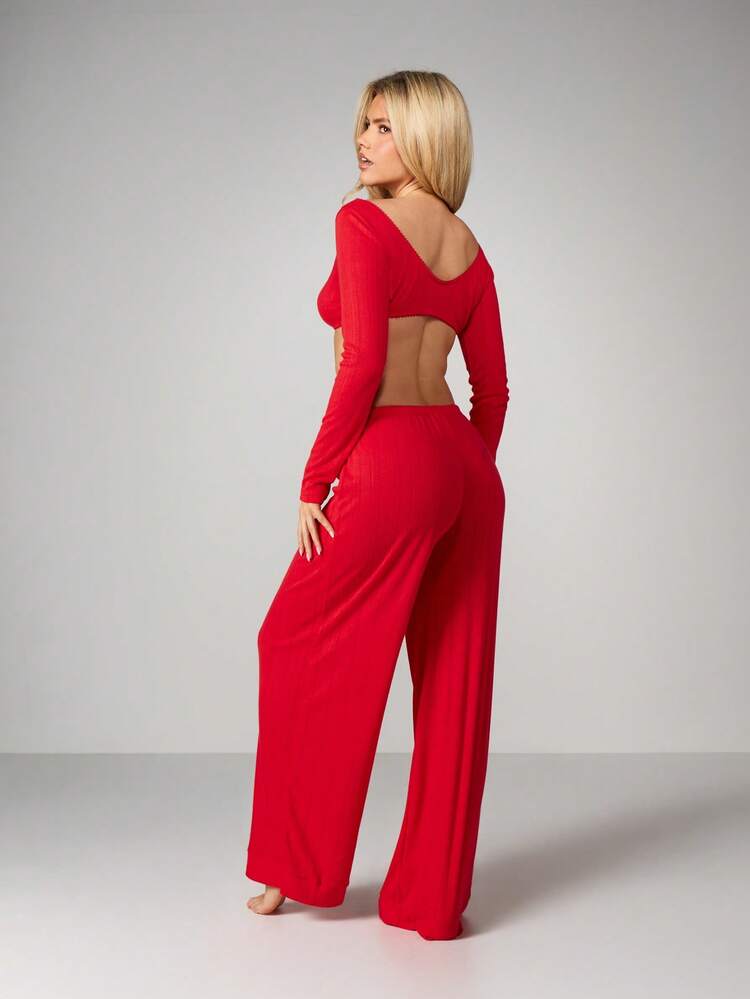 MISSGUIDED Ribbed Knit Christmas Pajama Set With Long Sleeve Crop Top And Wide Leg Pants For Holiday Loungewear