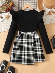 SHEIN Teen Girl Knit Cap Sleeve Round Neck Long Sleeve T-Shirt & Plaid Mini Skirt Casual 2-Piece Set - Black and White - View 1