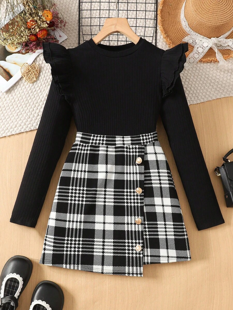 SHEIN Teen Girl Knit Cap Sleeve Round Neck Long Sleeve T-Shirt & Plaid Mini Skirt Casual 2-Piece Set - Black and White - View 1