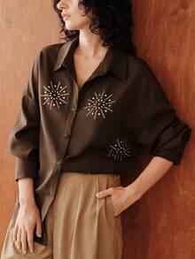 Zovinel Women's Minimalist Autumn Long-Sleeved Rhinestone Blouse - Coffee Brown - View 3