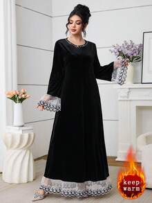 Al Najma 女士天鹅绒水钻荷叶边A字优雅时尚连衣裙，秋冬款 - 黑色 - 查看 4