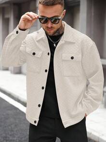 Manfinity Homme 男士加大码夹克，男士纽扣前开襟长袖口袋简约夹克，休闲日常穿着，男士夹克，秋冬款男士夹克，男友礼物，保暖长袖休闲外出夹克，男士黑色夹克，男士休闲夹克，男士衬衫式纹理夹克，男士宽松夹克，男士口袋夹克，男士衬衫式夹克，男士夏季夹克，男士休闲夹克 - 杏色 - 查看 6