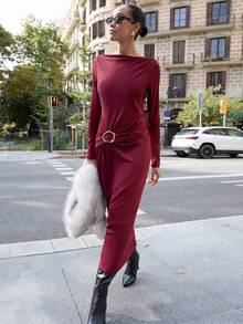 Maija Women's Solid Color Boat Neck Long Sleeve Ruched Metal Decor Fashionable Dress Christmas Outfit For Women New Year Clothes  Elegant Party Dresses  Elegant Dresses For Women   Red Dress Holiday Outfits  Red Dress For Women - Burgundy - View 3