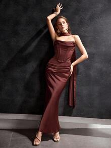 MOTF Soiréza 优雅的露肩无肩带缎面天鹅绒拼接胸衣，配有可拆卸腰带；精致的三件套正式礼服，鱼尾裙摆，适合仪式、宴会等场合。 - 棕色 - 查看 6