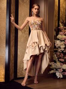 MOTF Soiréza WOMEN'S SEQUIN BODICE FLORAL PATTERN ASYMMETRIC RUFFLE HEM STRAPLESS COCKTAIL DRESS - Yellow - View 5