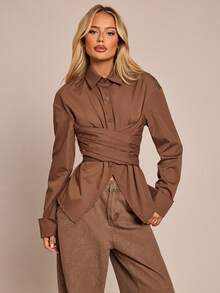 SHEIN Glamour Áo sơ mi công sở nữ màu nâu thắt chéo thanh lịch, đa năng - Cà phê nâu - Xem 5