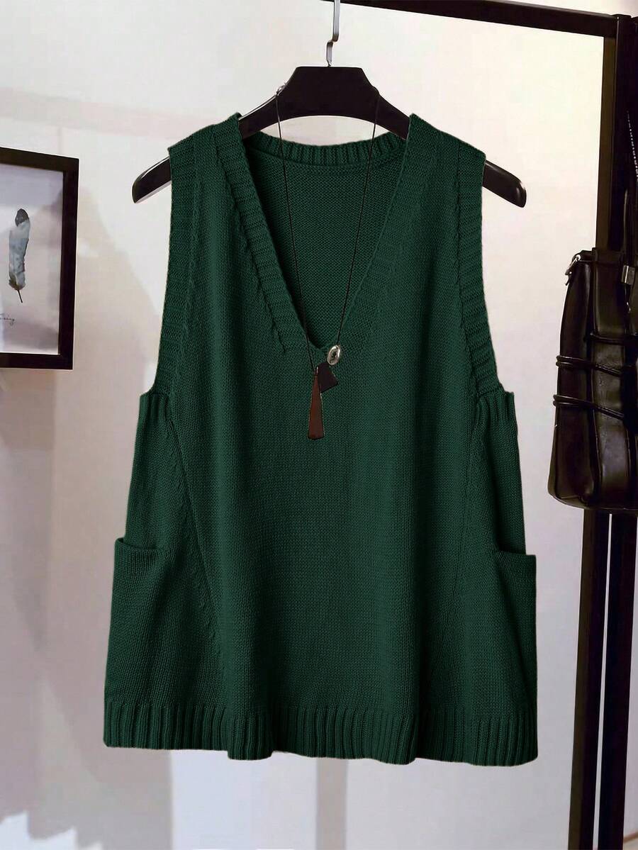 SHEIN LUNE Nueva Top de Chaleco de Punto de unicolor, Estilo Minimalista Europeo, Versátil y de Moda - Verde Oscuro - Ver 1
