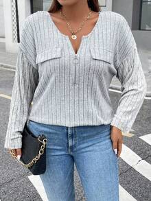 Easura 大码女式简约百搭圆领长袖装饰口袋纯色拉链罗纹磨毛修身T恤，秋冬款 - 灰色 - 查看 6