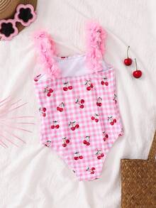 Emery Rose Kids Emery Rose Kids Young Girl Knitted Plaid Cherry Pattern One-Piece Swimsuit - Pink - View 4