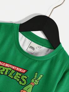 TEENAGE MUTANT NINJA TURTLES | SHEIN Young Boy Cartoon Pattern Round Neck Drop Shoulder Green Short Sleeve T-Shirt
