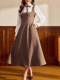 Vintamour Vintage Classic Elegant Women's Dress, Autumn/Winter Fitted Colorblock Dress, Shirt Collar Frill Trim Striped Long Sleeve Dress, Brown Dress