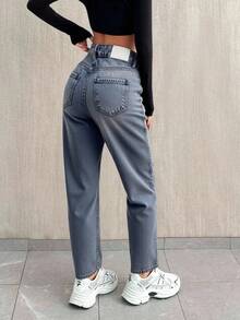 SHEIN Cottnline HIHG RISE DARK GREY MOM JEAN WITH WHITE JACRON - Baby Blue - View 2