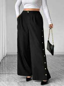 Elenzga Plus Size Women's Fashion Side Slit Metal Button Wide Leg Casual Pants, Suitable For Business And Commuting - Black - View 1