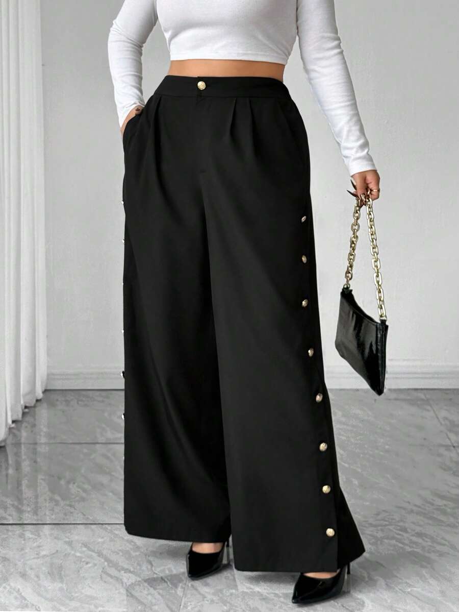 Elenzga Plus Size Women's Fashion Side Slit Metal Button Wide Leg Casual Pants, Suitable For Business And Commuting - Black - View 1
