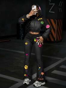 Rovax Bộ 2 món áo nỉ dài tay có mũ trùm đầu và quần dài thường ngày cho nữ - màu đen - Xem 1