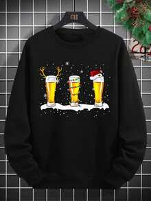 男士休闲时尚圣诞元素卡通啤酒杯、雪花、可爱鹿角、雪人、圣诞帽印花基本款圆领运动衫 - 黑色 - 查看 3