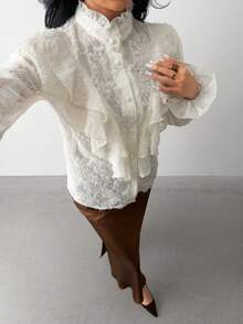 Teen Girl Loose Casual Elegant Frilled Trim Puff Sleeve Button-Up Shirt, Comfortable Daily & School , Long Sleeve Tops White Ruffle White Blouse, Lace Ruffle Top Ruffle Shirt, Ruffle Blouse, Long Sleeve Ruffle Shirt - White - View 5