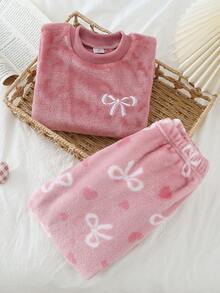 2 Piece Sets Girls' Pink Embroidered Bow Long-Sleeved Top And Bow-Print Trousers, Winter Flannel Pajama Set. Bow Pajama Set ,Kids Clothes Girls Girls Lounge Set - Pink - View 6