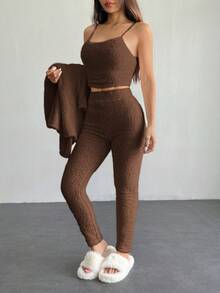 SHEIN PETITE 女士落肩长袖罗纹开衫毛衣背心和裤子套装 - 咖啡棕 - 查看 5