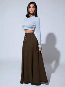 SHEIN SXY Chân váy Maxi denim dài màu trơn cạp cao - Màu Khaki - Xem 6