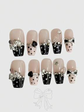 Kawaii Cute Kitty Paw, Romantic Heart, Ballerina Bow, White Wing, Metal Cross Decorated Handmade False Nails, Mass-Produced Energetic Girl Nail Accessories, Suitable For Daily Outing And Dates