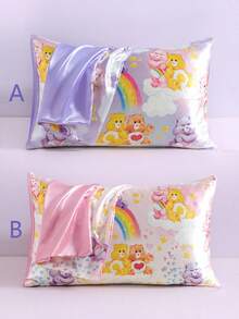 SHEIN X Care Bears 2 件可爱卡通图案枕套，紫色/粉色，缎纹面料，舒适凉爽，彩虹、云朵、泰迪熊印花 - 彩色 - 查看 3