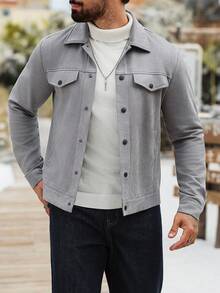 Manfinity CasualCool Men's Casual Grey Suedette Fleece Long Sleeve Jacket, Autumn/Winter Men Button Up Jacket Men Jackets Casual Men Jacket Men Shacket Grey Button Up Jacket - Grey - View 5