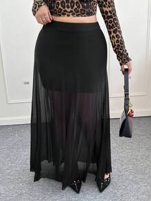 CovetEZ Black Mesh Patchwork Vacation Style Mid Skirt, Spring/Summer - Black - View 1