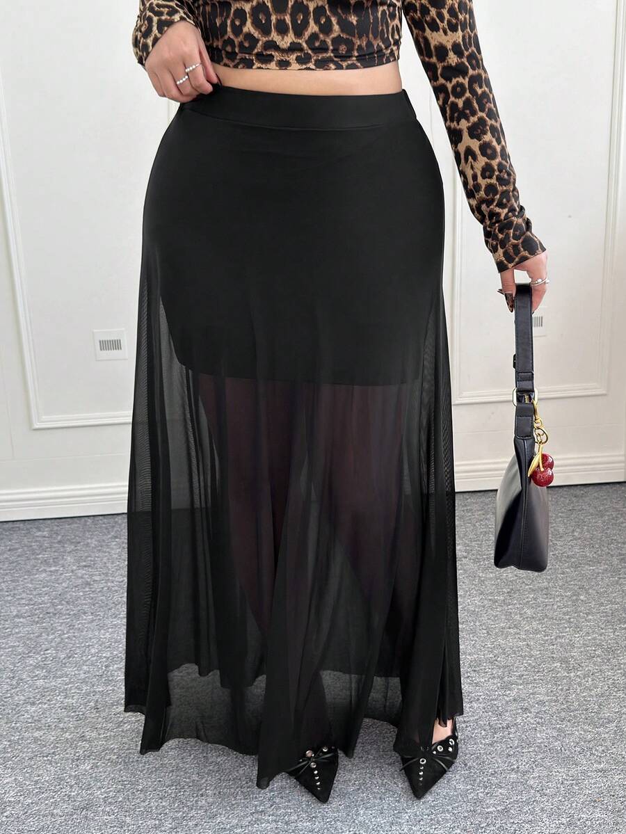 CovetEZ Black Mesh Patchwork Vacation Style Mid Skirt, Spring/Summer - Black - View 1