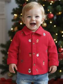 Cozy Pixies 男婴圣诞红色圣诞老人图案翻领长袖纽扣衬衫，百搭舒适 - 紅色 - 查看 7