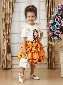 Girls'Gold Floral Abaya Kaftan Jalabiya Middle Eastern Muslim Traditional Dress,Udan Rose Ditsy Floral,Ruffle Trim,Summer - Multicolor - View 6