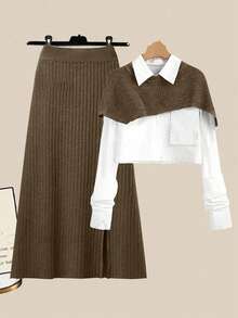 GlowEve Bộ 2 món áo len poncho trơn màu thường ngày và chân váy dệt kim cho nữ, Thu/Đông - Lạc đà - Xem 7