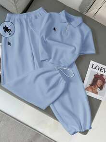 Resyla 2pcs Women Elastic Waist Drawstring Pants And Short Sleeve Top Set - Blue - View 5