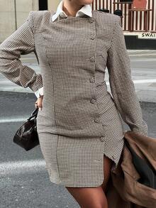 NegzBox Women's Houndstooth Long Sleeve Fitted Single-Breasted Mini Dress,Fall Dresses For Women,Dresses For Women Casual,Elegant Dresses For Women,Business Casual Woman,Office Outfits For Women,Old Money Style Women,Classy Outfits For Women, Fall Clothes For Women,Winter Clothes For Women - Khaki - View 3