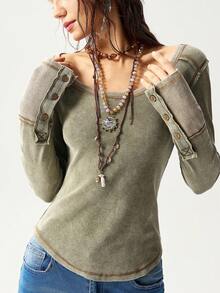 Bohemela Áo thun nữ cổ tròn tay dài ôm vừa vặn - màu xanh lá - Xem 2