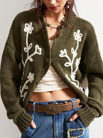 Bohemela Boho Autumn/Winter Outerwear, Women's Floral Embroidered Drop Shoulder Oliver Green Long Sleeve Casual Knit Cardigan Sweater, Western Country Style Concert Party Outfits, Suitable For Beach Vacation Outfit & Daily Wear & Back To School & Going Out Outfits, Christmas Clothes, New Year Clothes
