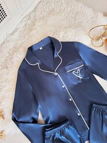 SHEIN 3pcs Contrast Trim Heart Pattern Faux Silk Pajama Set Satin Sleepwear Set Satin Pj Set Navy Blue Pajama Set - Navy Blue - View 5