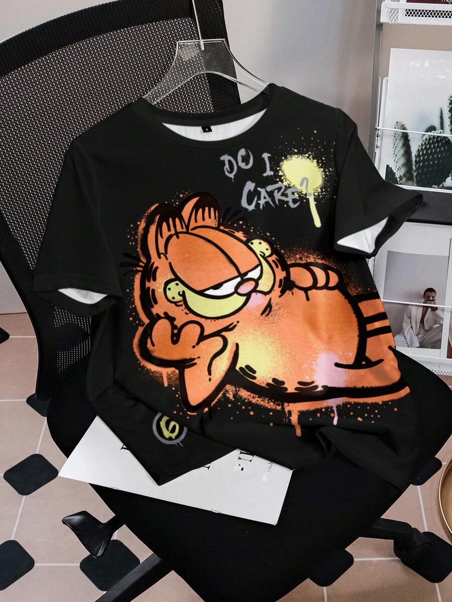 GARFIELD | SHEIN Camiseta de mujer de manga corta con cuello redondo y estampado de gato, informal y de verano - Blanco - Ver 1