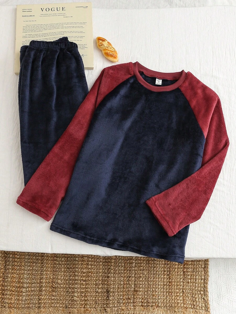 2件套青少年男童休闲毛绒抓绒插肩袖撞色上衣和裤子家居服套装,秋冬季 - 彩色 - 查看 1